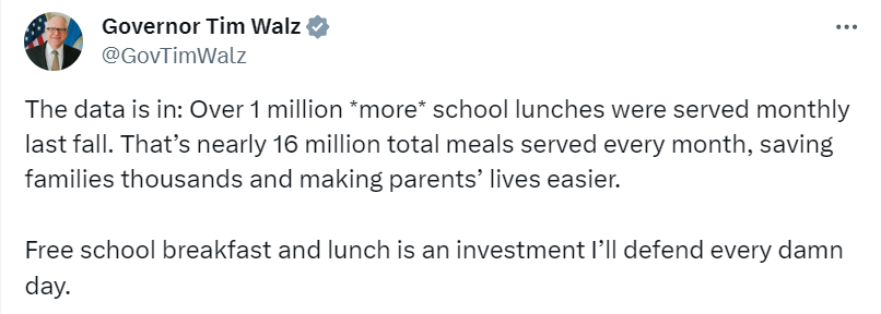Governor Walz shares tweet highlighting the effectiveness of Universal Free School Meals.