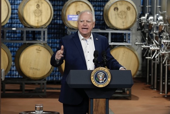 Governor Walz speaks to the press from a brewery in Wisconsin to celebrate funding that will replace the aging Blatnik Birdge.