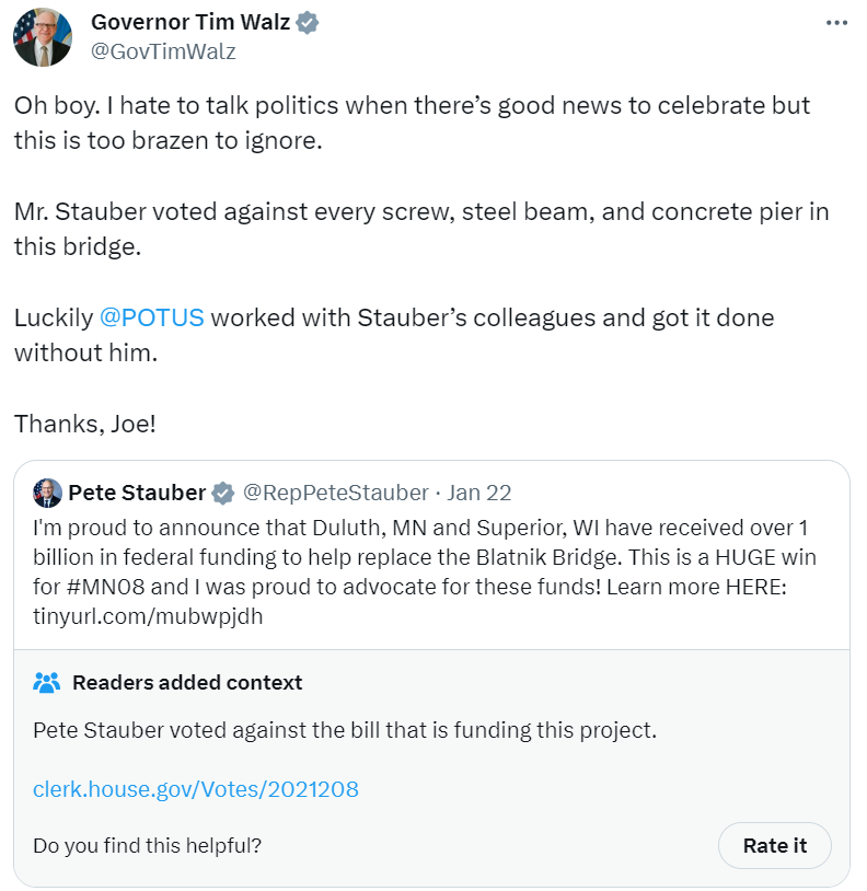 Governor Walz calls out Pete Stauber for taking credit for the Blatnik Bridge, after voting no on the Bipartisan Infrastructure LAw
