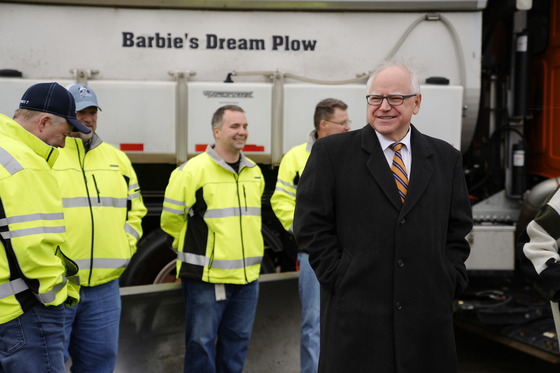 Governor Walz speaks to Minnesota snowplow drivers in front of "Barbie's Dream Plow"
