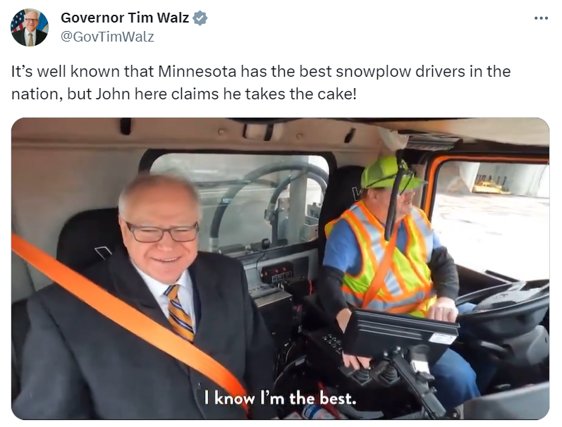 Governor Walz takes a ride with a Minnesota snowplow driver