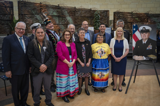 Governor Walz, Lieutenant Governor Flanagan pose for a photo with leadership from the Navy and the White Earth Nation