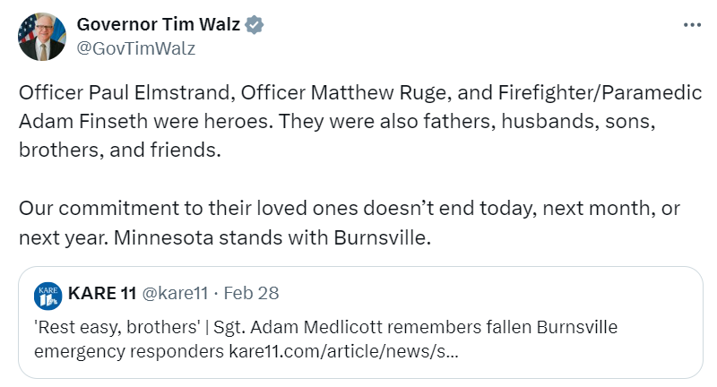 Governor Walz honors the fallen first responders who were killed in Burnsville