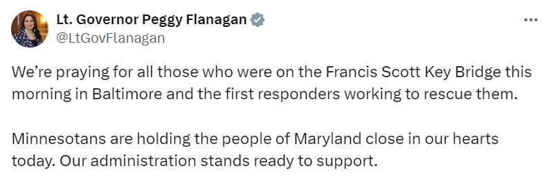 Lieutenant Governor Flanagan shares condolences to those affected by the bridge collapse in Baltimore, Maryland