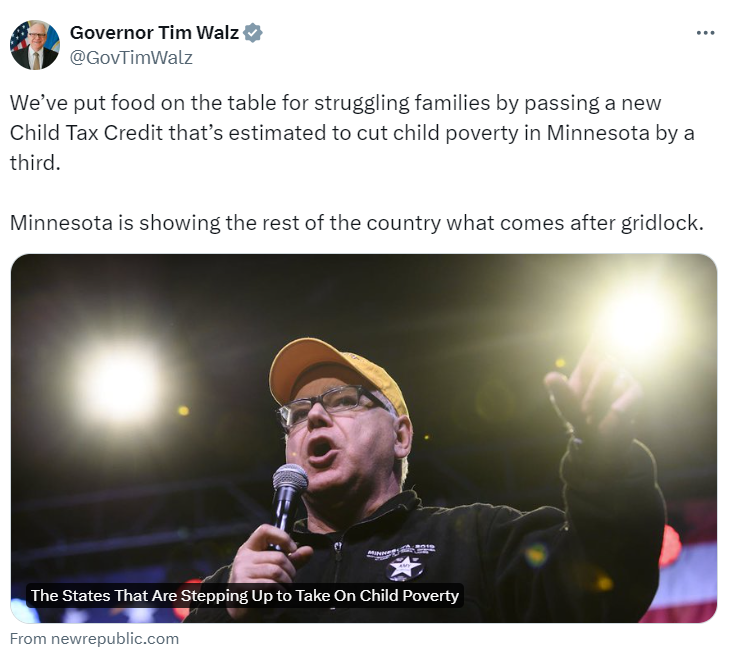 Governor Walz tweets about Minnesota Child Tax Credit 