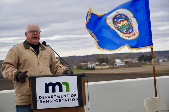 Governor Walz speaks to press on Highway 14 in Southern Minnesota