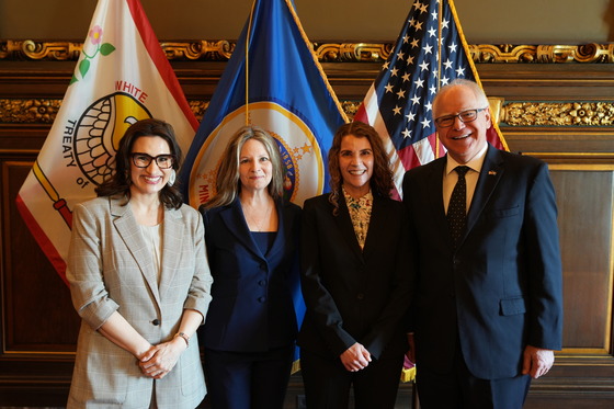 Gov. Walz and Lt. Gov. Flanagan pose with the new appointees to the Minnesota Supreme Court