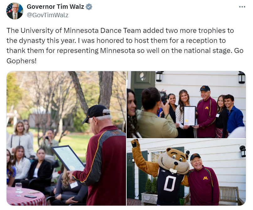 Governor Walz hosts the national champion UMN Dance team to a reception at Eastcliff