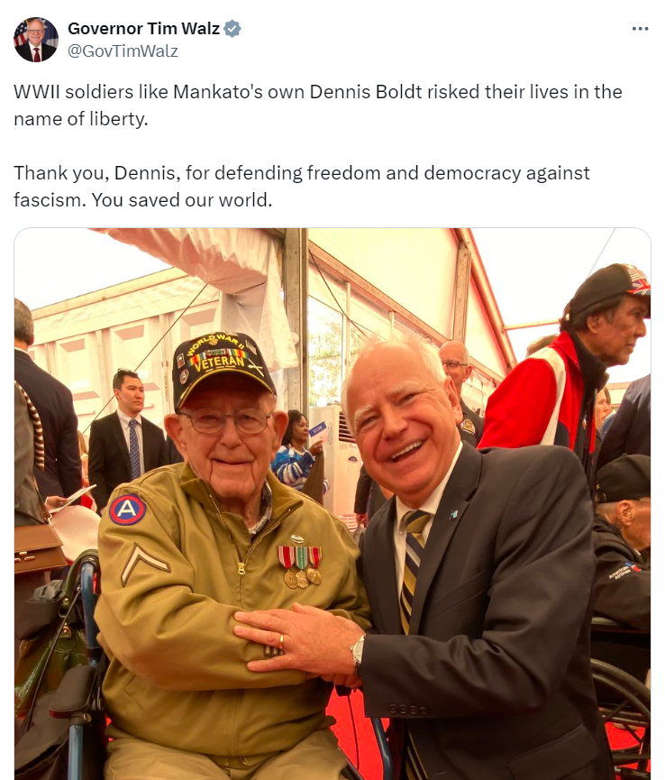 Governor Walz sits next to WW2 veteran from Minnesota 