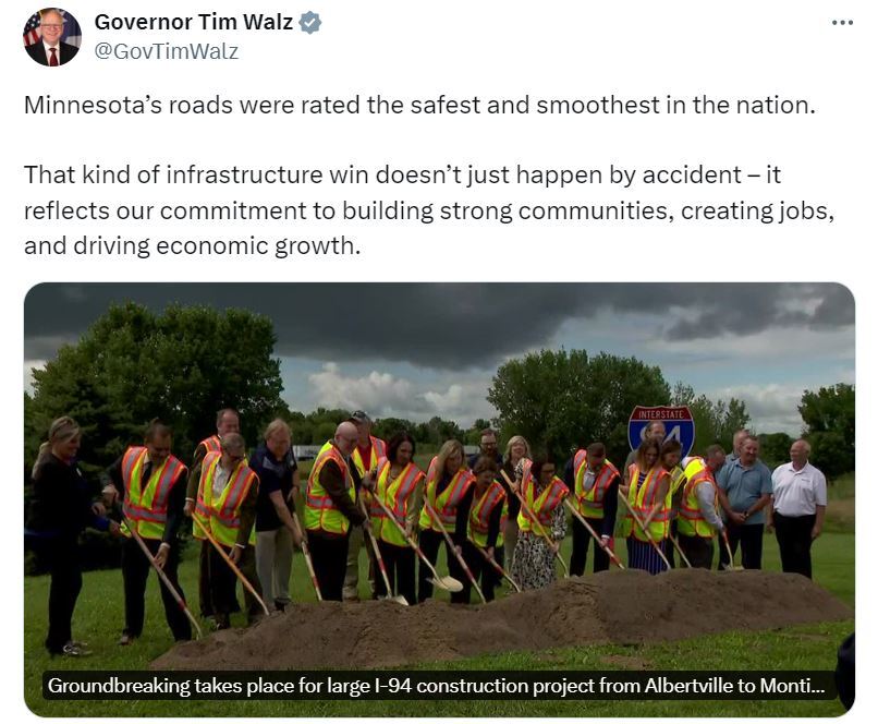 Governor Walz celebrates Minnesota's roads being ranked the safest and smoothest in the nation