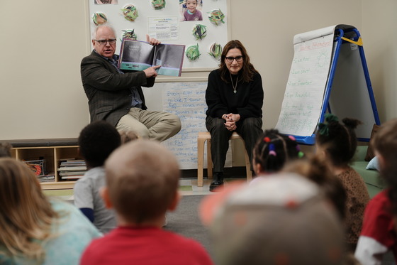 Governor Walz and Lt. Governor Flanagan read to students in a classroom