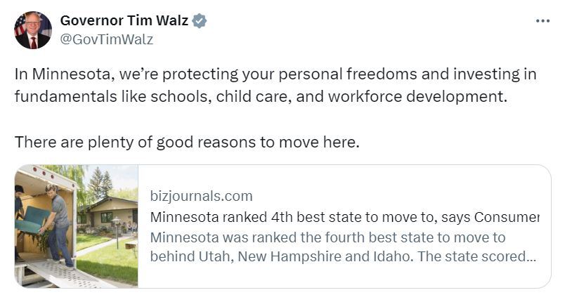 Governor Walz announces Minnesota was ranked the 4th best state to move to