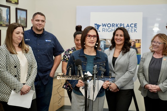 Lt. Governor speaks to press at Health Systems Cooperative Laundries during Workplace Rights Week