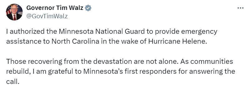 Governor Walz authorizes the Minnesota National Guard to assist with Hurricane Helene recovery efforts