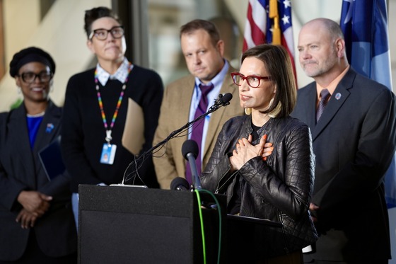 Lt. Governor Flanagan speaks to press at Hennepin County Government Center