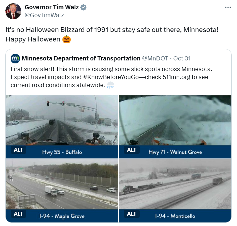 Governor Walz encourages Minnesotans to stay safe on the roads during the Halloween snow storm