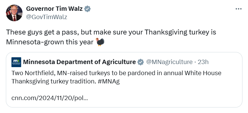 Governor Walz celebrates Minnesota turkeys chosen for Presidential pardon