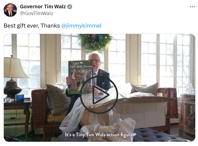 Governor Walz unboxes "Tiny Tim Walz" action figure gifted by Jimmy Kimmel Live