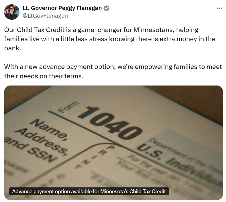 Lt. Governor Flanagan celebrates new advance payment option for Minnesota's Child Tax Credit