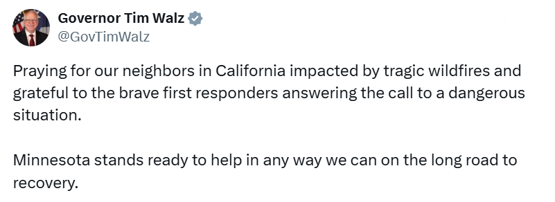 Governor Walz sends prayers to Californians affected by wildifres