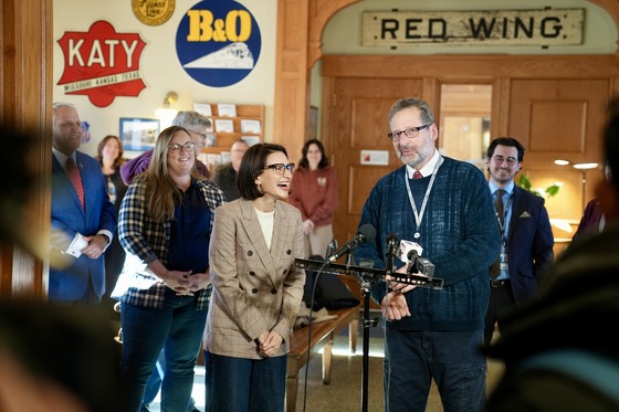 Lt. Governor Flanagan speaks to press at the Red Wing Depot