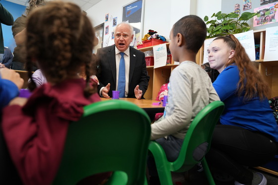 Governor Walz speaks to students at a YMCA child care center