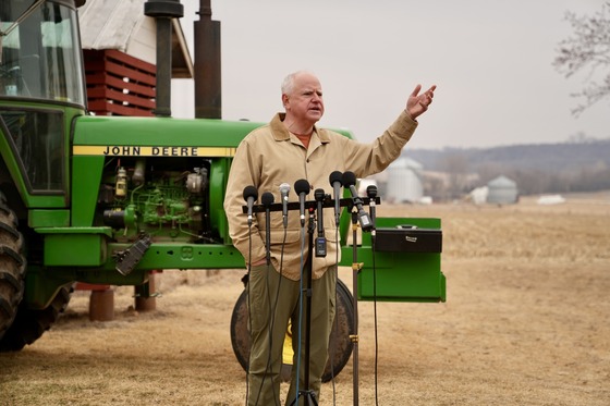 Governor Walz speaks to press at a corn and soybean farm in Cannon Falls