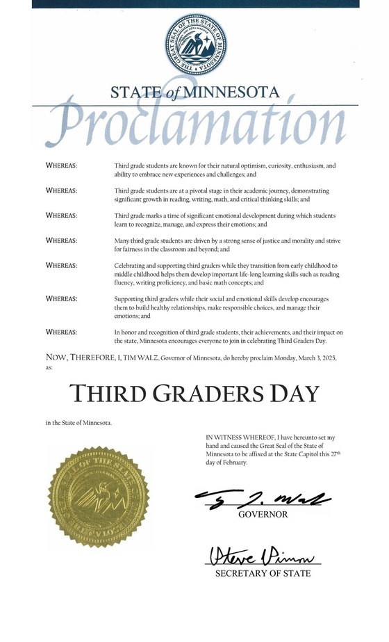 Governor Walz proclaims 'Third Graders Day' in the State of Minnesota