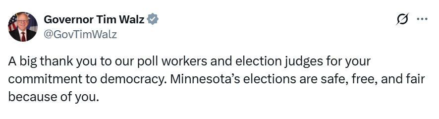 Governor Walz thanks poll workers and election judges on Election Day