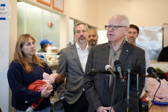 Governor Walz speaks to press at Marty's Deli
