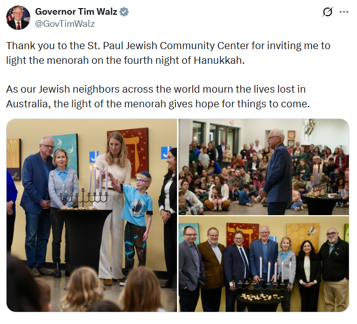 Governor Walz celebrates Hanukkah at the St. Paul Jewish Community Center
