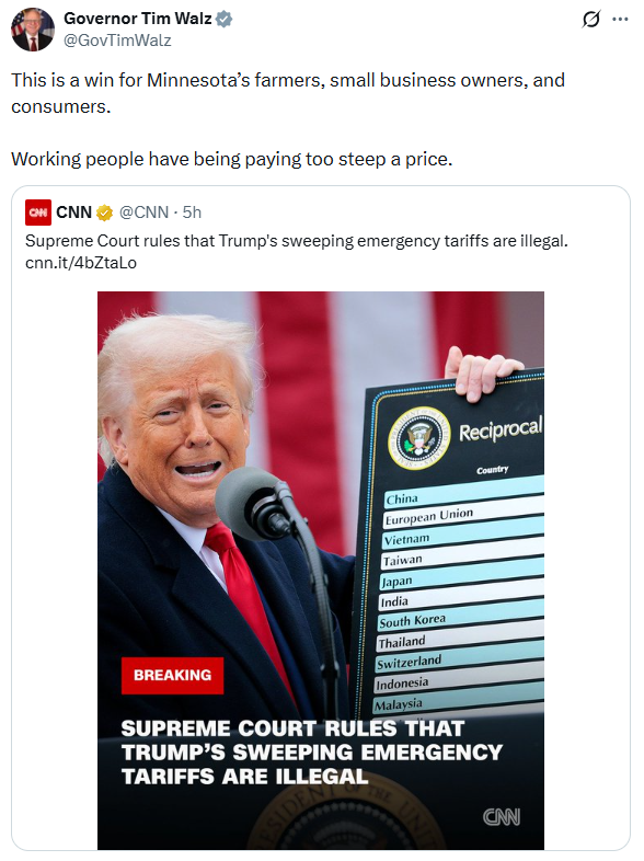 Governor Walz celebrates Supreme Court decision ruling that the Preisdent's tariffs are illegal