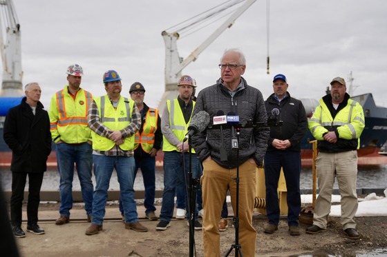 Governor Walz speaks to press at the Duluth Seaport