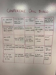 Comedic bingo sheet with phrases related to conference calls