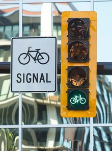Photo of new bicycle specific traffic signal on Washington Avenue