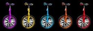 Illustration of 5 unicycles, each a different color