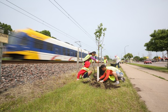Volunteers plant trees as light rail train zooms by