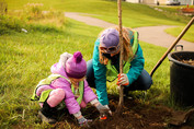 Mom and daughter planting a tree