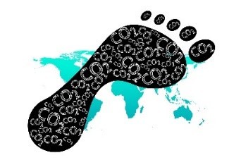 Drawing of a footprint over an image of planet earth