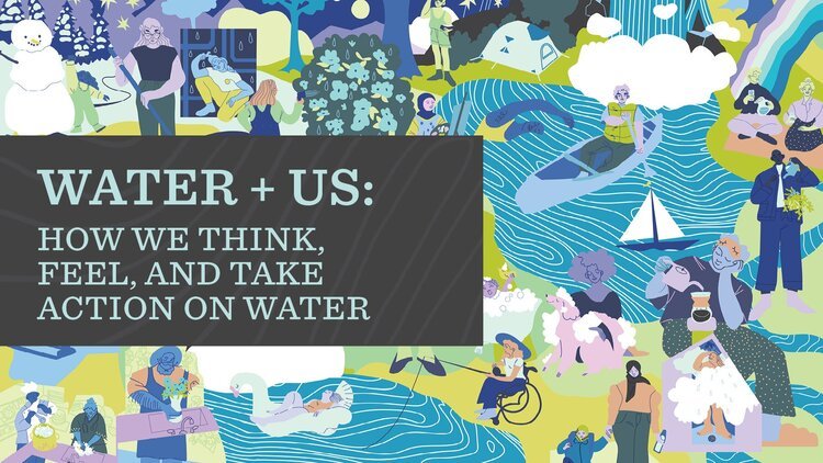 Water + Us report graphic with cartoon characters of people interacting with water