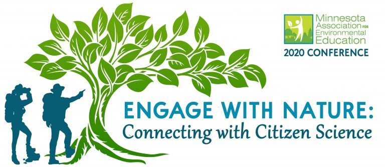Silhouette of people looking at a tree. Text reads: engage with nature