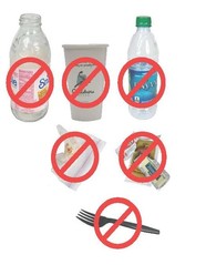 Group of images that are not accepted for organics recycling with red noids over them