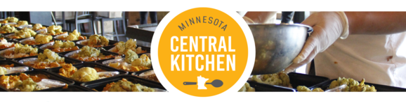 Minnesota Central Kitchen logo with someone putting food into meals in background