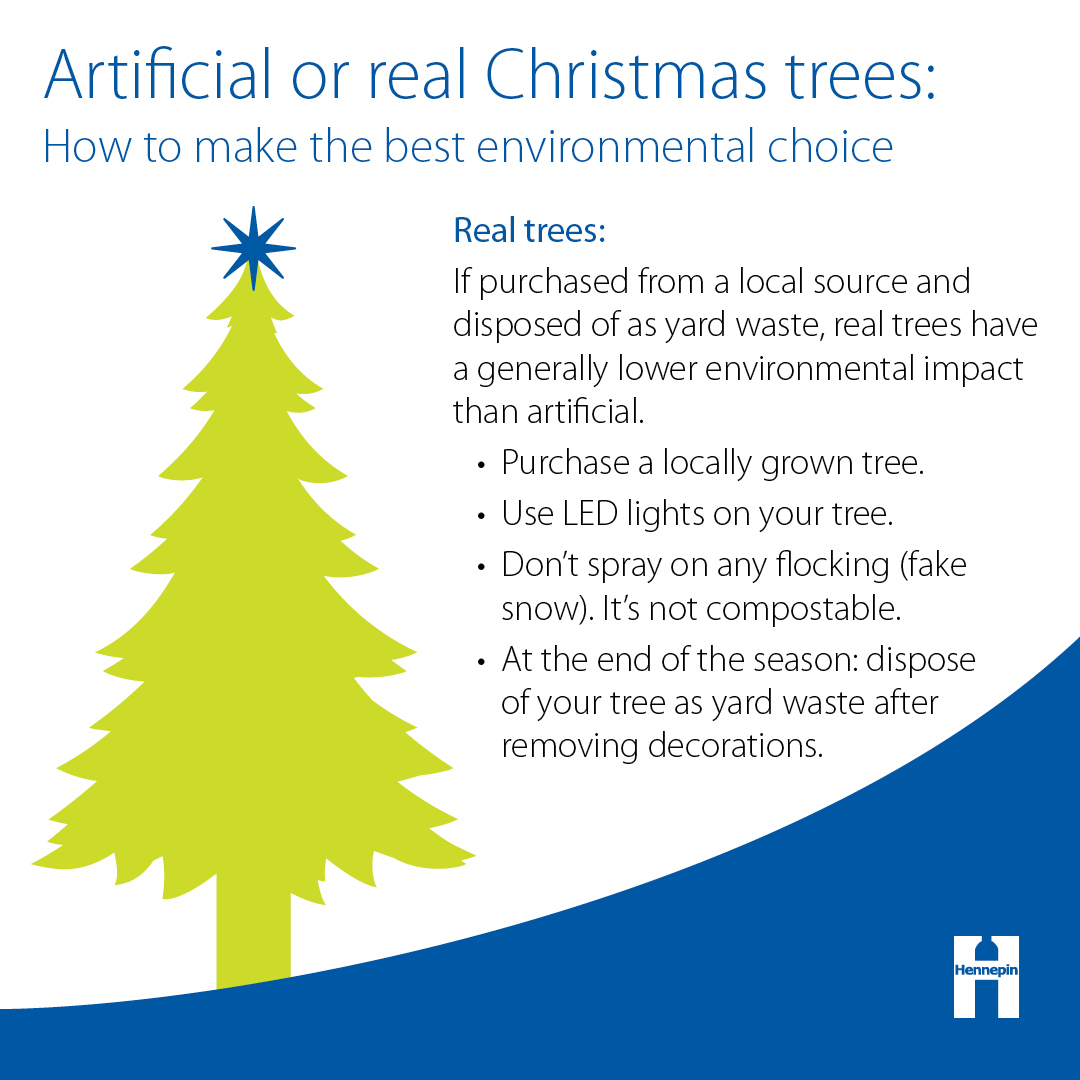 Real trees: purchase a locally grown tree. Dispose of your tree as yard waste. 