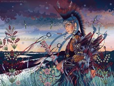 Color artwork depicting Native American woman