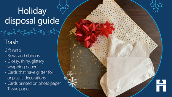 Glossy, shiny, glittery wrapping paper, bows and ribbons, tissue paper go in the trash