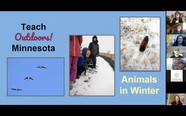 Animals in winter presentation slide with images of caterpillars, birds, and kids outside