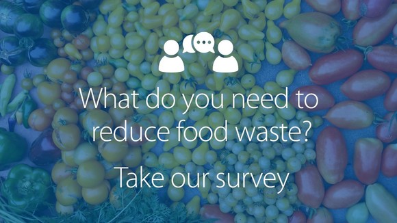Produce with text "What do you need to reduce food waste? Take our survey"