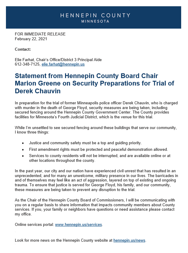 Statement from Hennepin County Board Chair Marion Greene (District 3) on the upcoming State vs. Derek Chauvin trial.