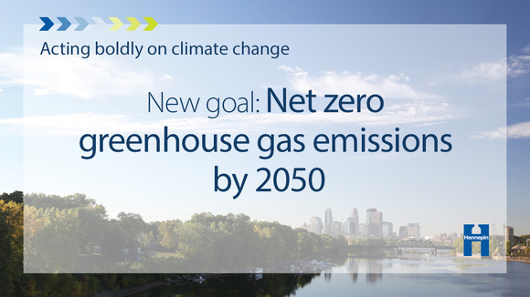 Graphic that says acting boldly on climate change, new goal: net zero greenhouse gas emissions by 2050